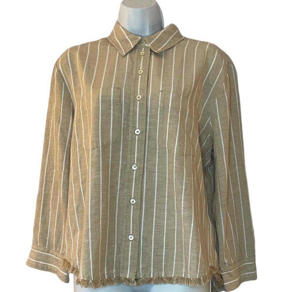 Liverpool Tan and White Stripe Button Down Shirt with Fray Hem 3/4 Sleeve Size 8